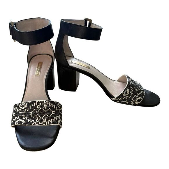 Louise et Cie Size Ankle Strap Heels Women’s Size 8 M Black & Ivory Tapestry - Picture 1 of 11
